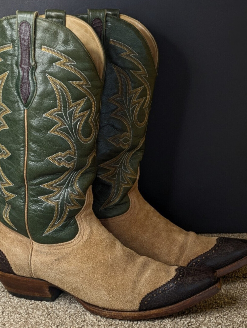 Old Gringo Mens Cowboy Boots 9.5 D Vintage Green Tan Leather Embroidered Western